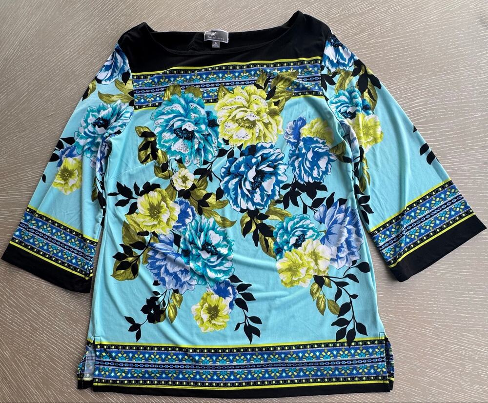 Floral Rhinestone Blouse Aqua Blue Yellow Size M Embellished JM Collection